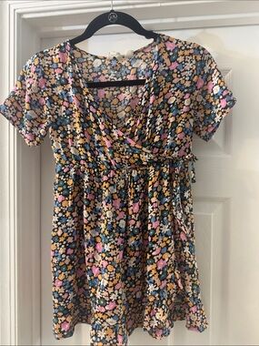 Roxy Black Floral Faux-Wrap Tunic with Pink, Yellow & Blue